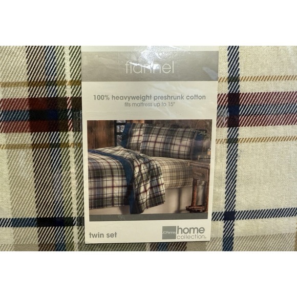 Vtg JCPenney Home Flannel Lodge Plaid Sheet Set Twin Size 100% Heavy Cotton - Picture 2 of 8